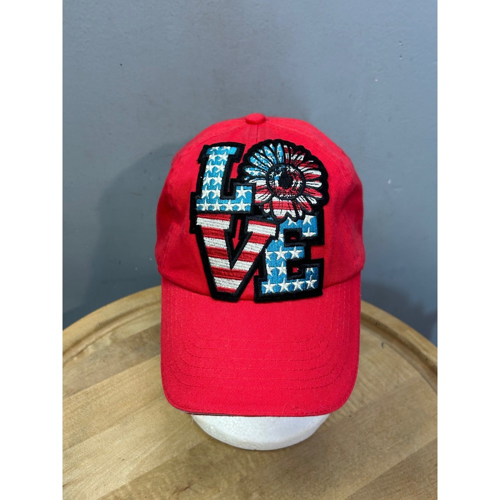 St‎ Augustine Cap Women OS Red LOVE Patch Sunflower Americana Rhinestone Sparkle